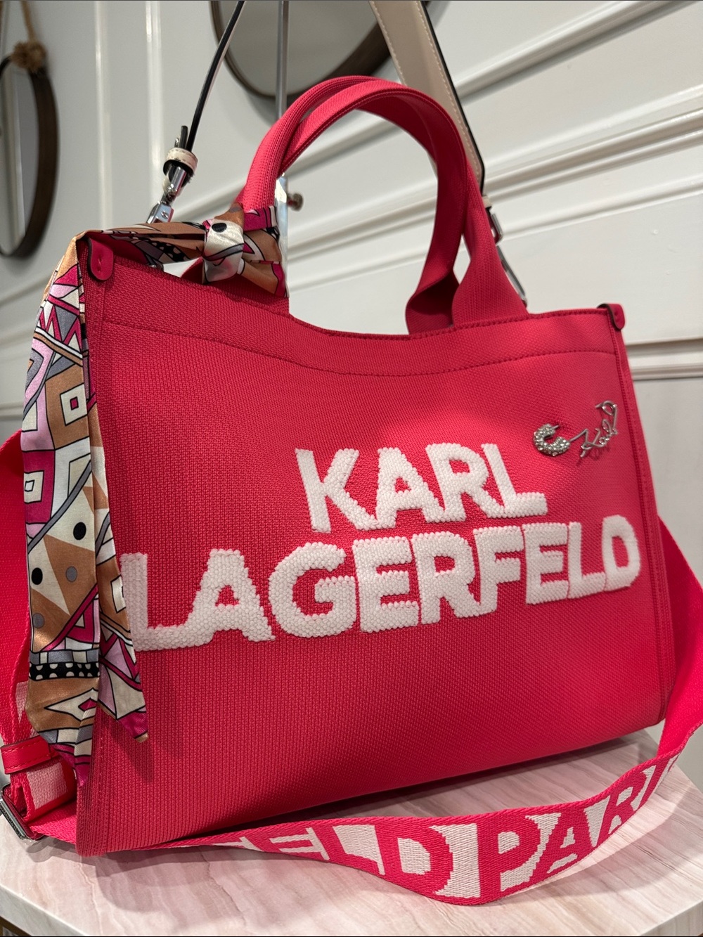 Karl Lagerfeld Bag Pink Logo Canvas Tote Crossbody Bag